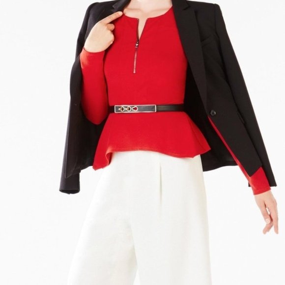 Jaynie Long Sleeve Peplum Knit Top In Rouge Red XS - Picture 3 of 7